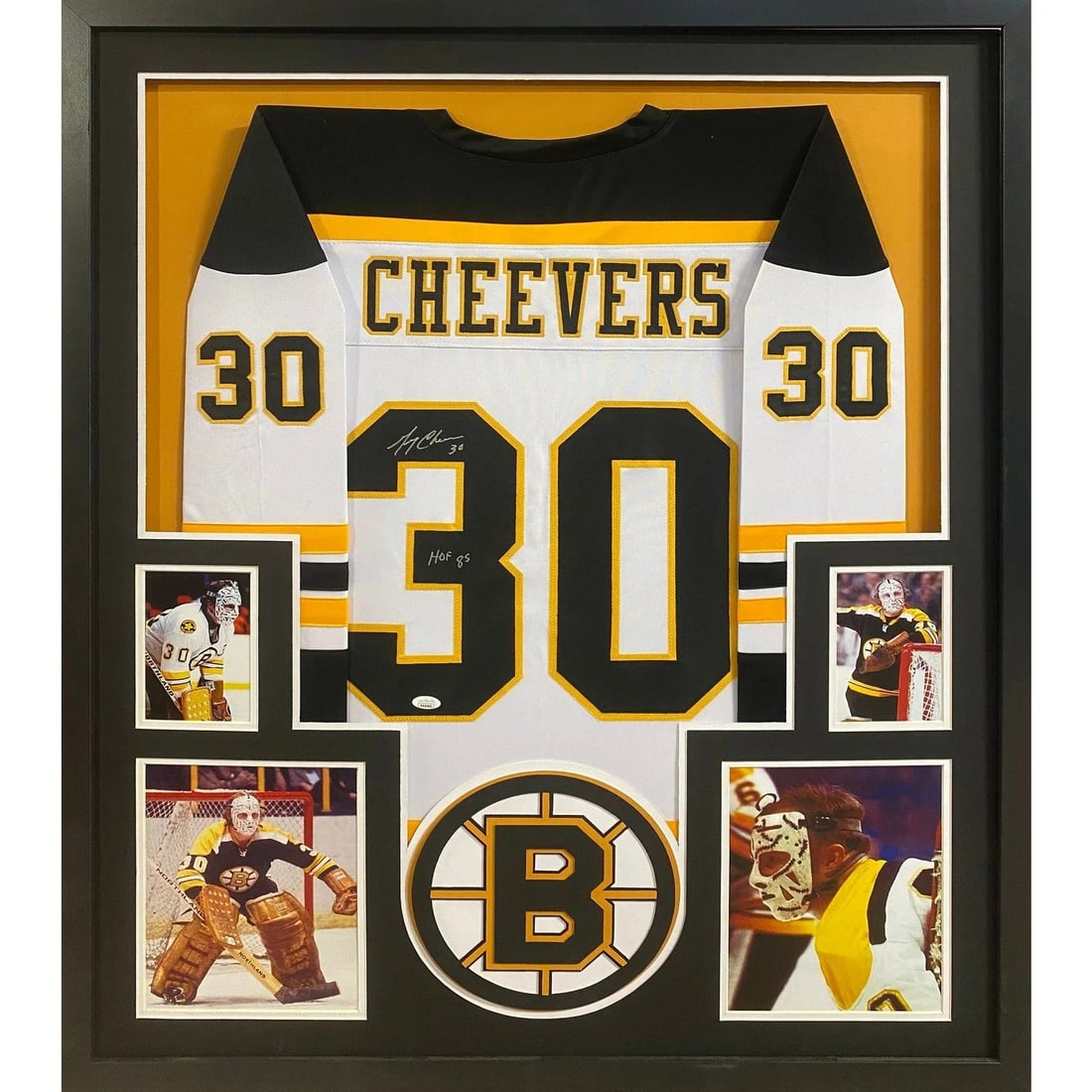 Gerry Cheevers Autographed Framed Jersey Boston Bruins JSA Certified: Gerry Cheevers Autographed Framed Jersey Boston Bruins JSA Certified This is a stunning autographed framed jersey of Gerry Cheevers, a legendary player of the Boston Bruins. The jersey features a beau