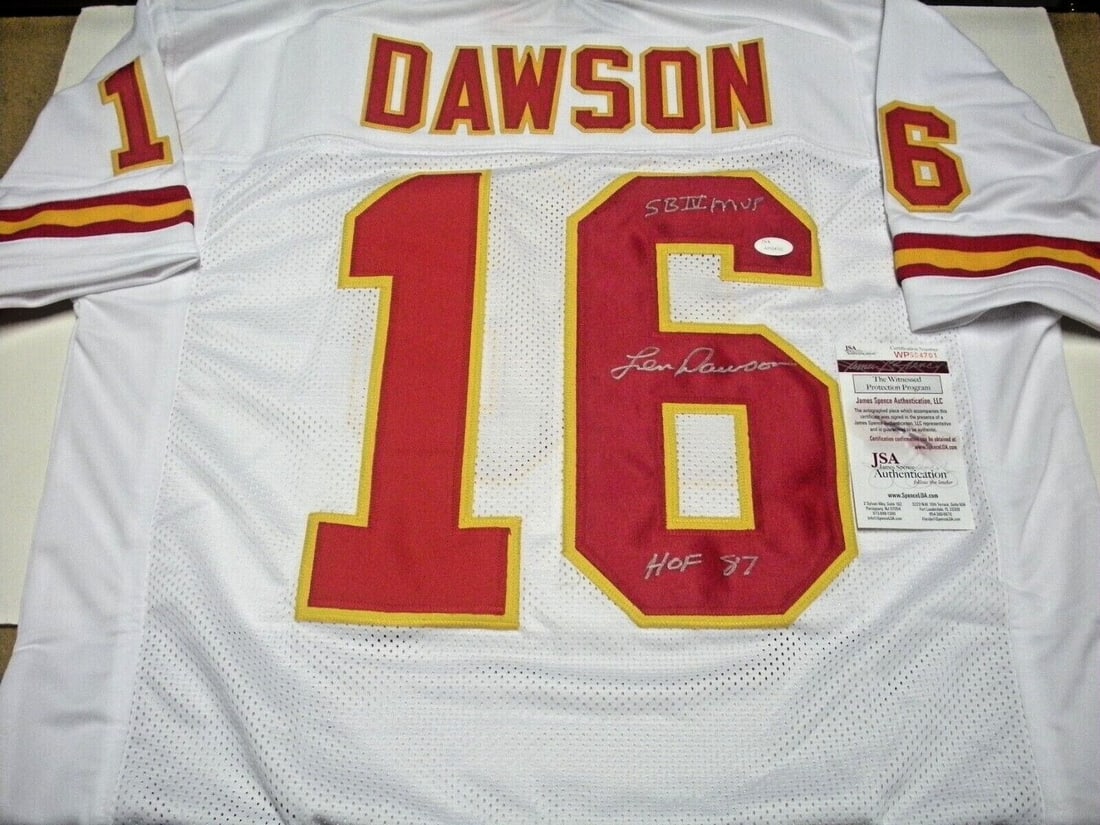 Len Dawson Signed Kansas City Chiefs Jersey With JSA COA Super Bowl IV MVP: Len Dawson Signed Kansas City Chiefs Jersey With JSA COA Super Bowl IV MVP This is a pre-owned Kansas City Chiefs jersey signed by Len Dawson, commemorating his Hall of Fame induction in 1987 and his 