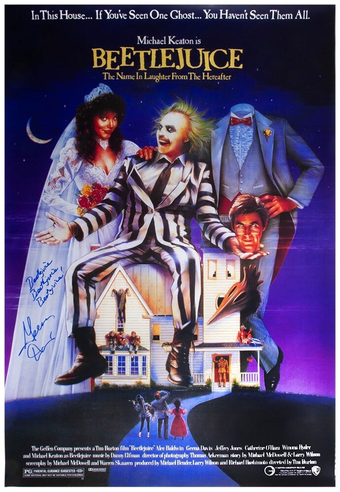 Geena Davis Autographed Beetlejuice 27x40 Movie Poster with Inscription COA: Geena Davis Autographed Beetlejuice 27x40 Movie Poster with Inscription COA This original 27x40 movie poster of Beetlejuice features the autograph of Geena Davis, complete with the iconic inscription 