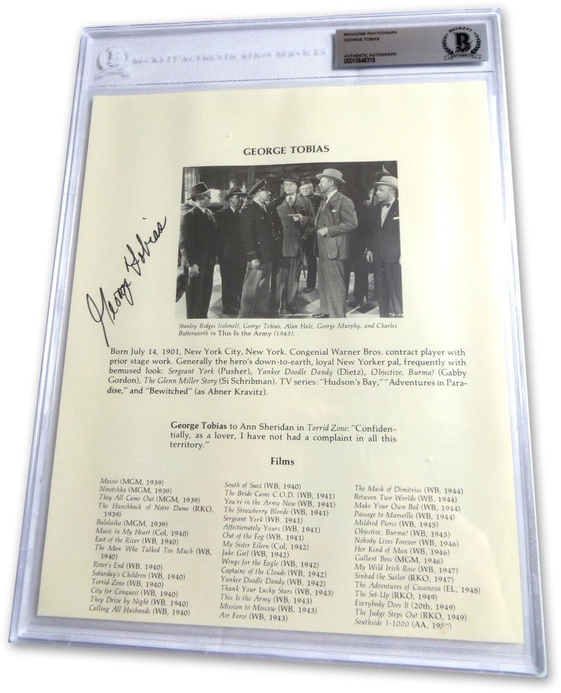 George Tobias Autographed Magazine Photo Beckett Authenticated From This is the Army: George Tobias Autographed Magazine Photo Beckett Authenticated From This is the Army This is an original magazine photograph autographed by George Tobias, known for his role in "This is the Army." The