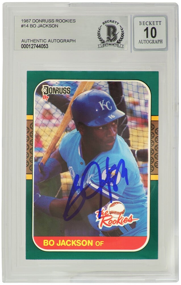Beckett Slabbed Bo Jackson 1987 Donruss Royals Rookie Card Auto 10: Beckett Slabbed Bo Jackson 1987 Donruss Royals Rookie Card Auto 10 This is a Bo Jackson autographed 1987 Donruss The Rookies baseball trading card #14, featuring the Kansas City Royals. The card is au
