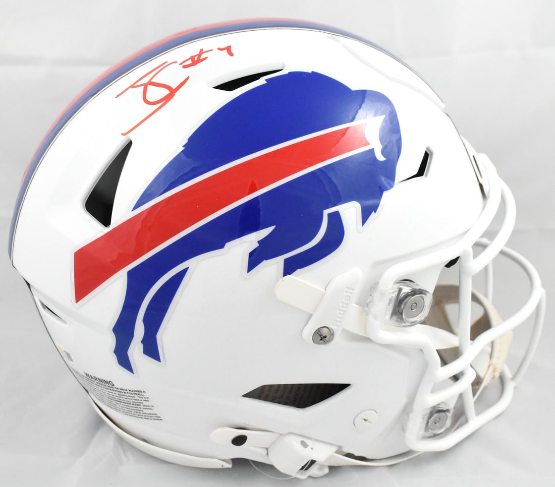 Buffalo Bills Speedflex helmet signed by James Cook JSA: Buffalo Bills Speedflex helmet signed by James Cook JSA This full-size Speedflex helmet features the Buffalo Bills team design and has been autographed by James Cook. It is an original football collec
