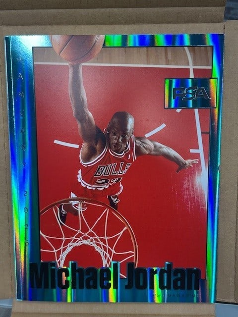 Limited Edition PSA Magazine Jan 2025 Michael Jordan Light Blue Holo 4 of 50: Limited Edition PSA Magazine Jan 2025 Michael Jordan Light Blue Holo 4 of 50 This is a limited edition January 2025 cover of PSA Magazine featuring Michael Jordan. The magazine has a light blue holo d