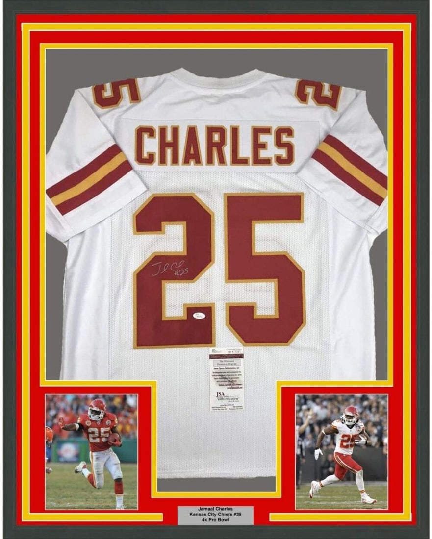 Jamaal Charles Signed Kansas City Chiefs White Jersey Framed Display JSA Authenticated: Jamaal Charles Signed Kansas City Chiefs White Jersey Framed Display JSA Authenticated This professionally framed and matted display features a white Kansas City Chiefs jersey autographed by Jamaal Ch