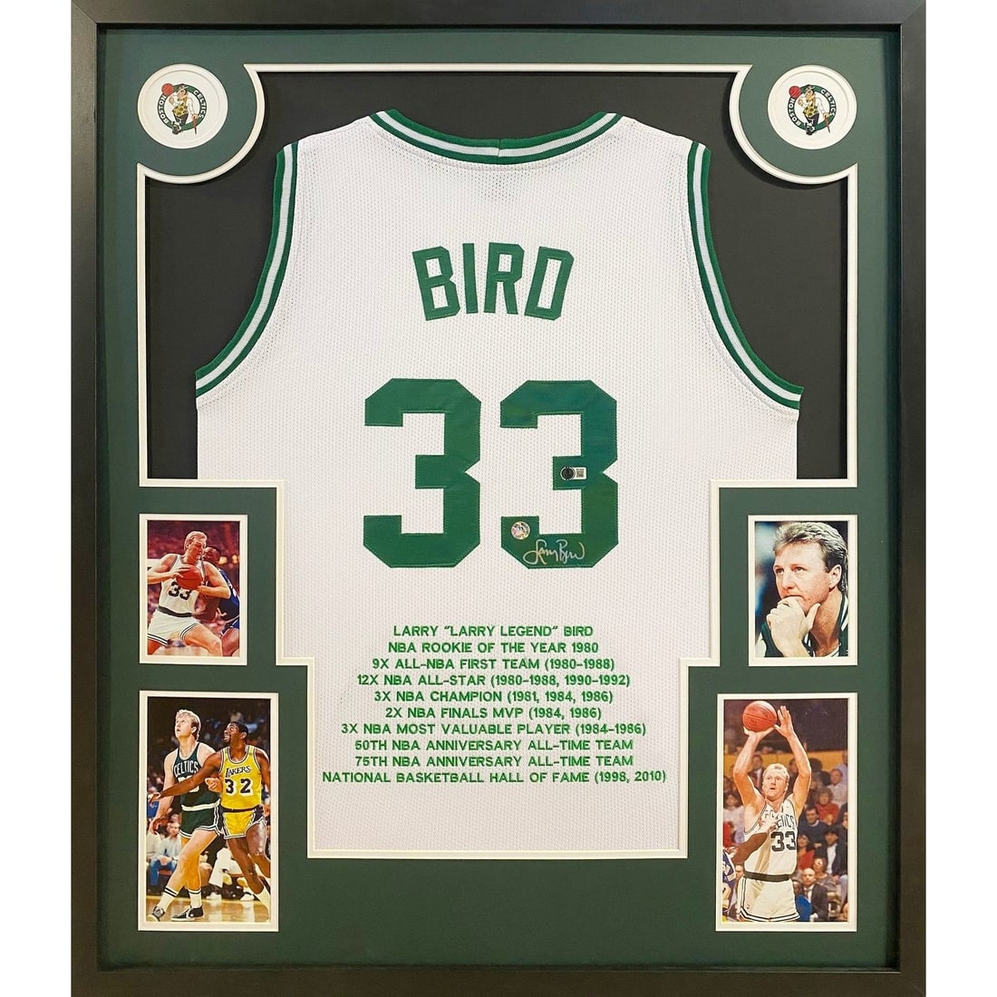Framed Boston Celtics Jersey Signed by Larry Bird Beckett Authenticated: Framed Boston Celtics Jersey Signed by Larry Bird Beckett Authenticated This framed Boston Celtics jersey is autographed by Larry Bird and authenticated by Beckett, featuring a tamper-proof sticker an