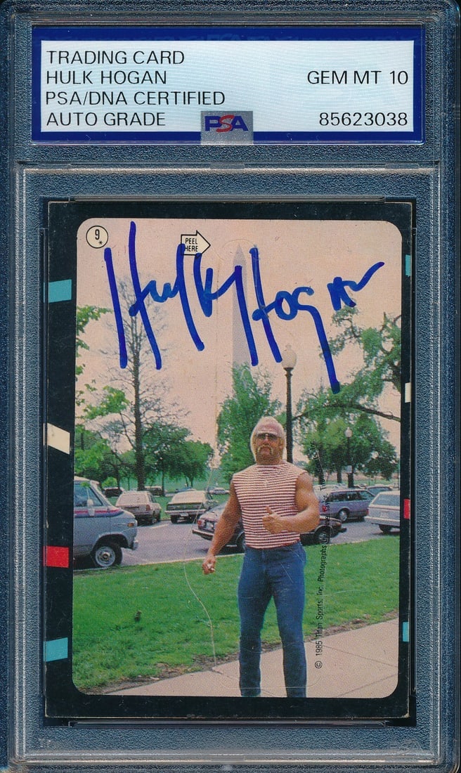 1985 WWF Hulk Hogan Autographed Sticker #9 PSA/DNA GEM-MT 10: 1985 WWF Hulk Hogan Autographed Sticker #9 PSA/DNA GEM-MT 10 This is a remarkable piece for wrestling fans: a 1985 WWF Hulk Hogan Signed/Autographed On Card Sticker #9. Authenticated by PSA/DNA, this 