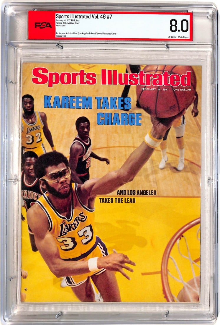 1977 Sports Illustrated Kareem Abdul-Jabbar PSA 8.0 Lakers Newstand: 1977 Sports Illustrated Kareem Abdul-Jabbar PSA 8.0 Lakers Newstand This is an original 1977 Sports Illustrated magazine featuring Kareem Abdul-Jabbar of the Los Angeles Lakers. The magazine has recei