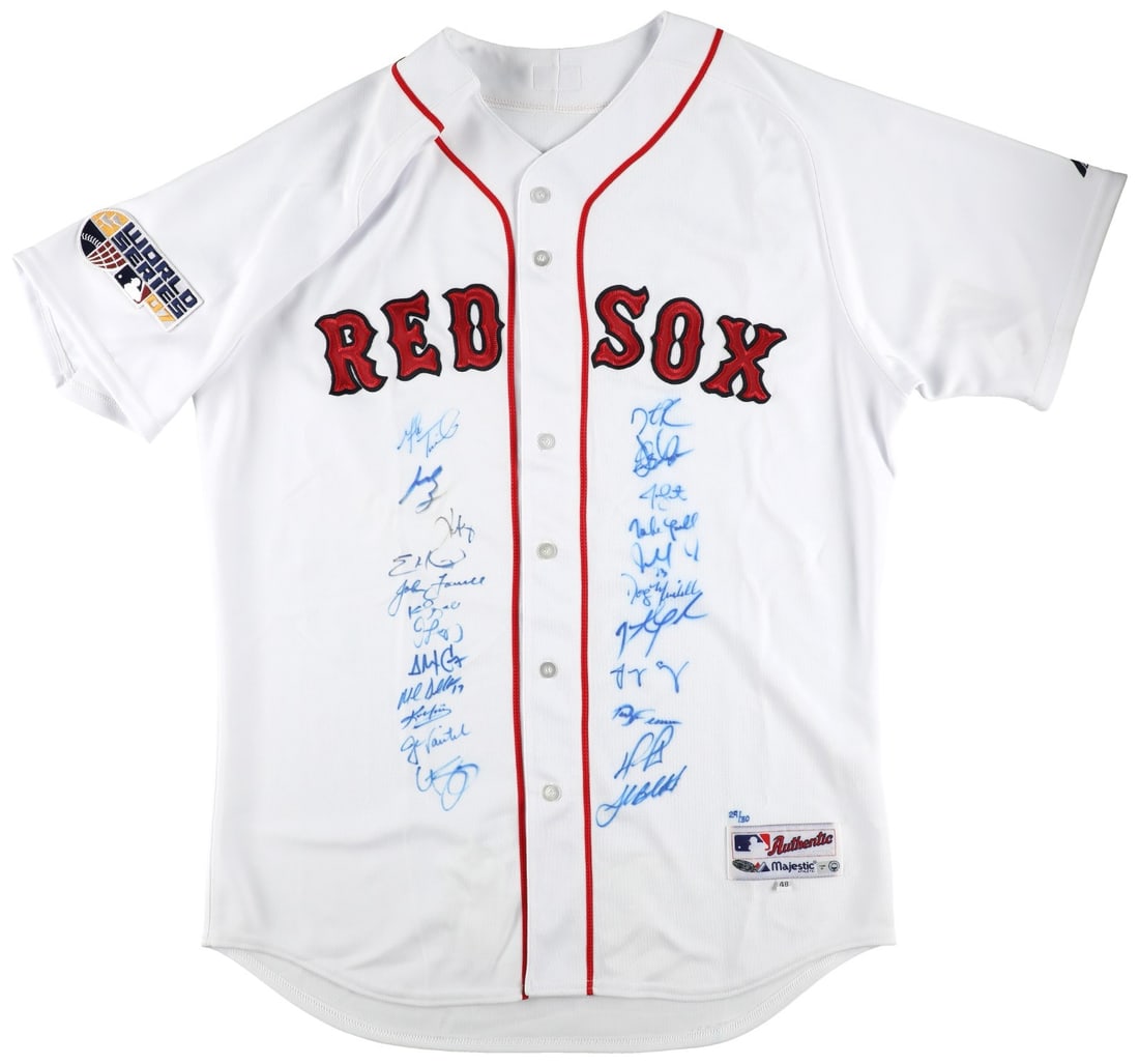 Boston Red Sox 2007 World Series autographed Majestic jersey Steiner: Boston Red Sox 2007 World Series autographed Majestic jersey Steiner This Majestic Boston Red Sox home World Series jersey commemorates the team's 2007 championship victory. The jersey is signed in bl