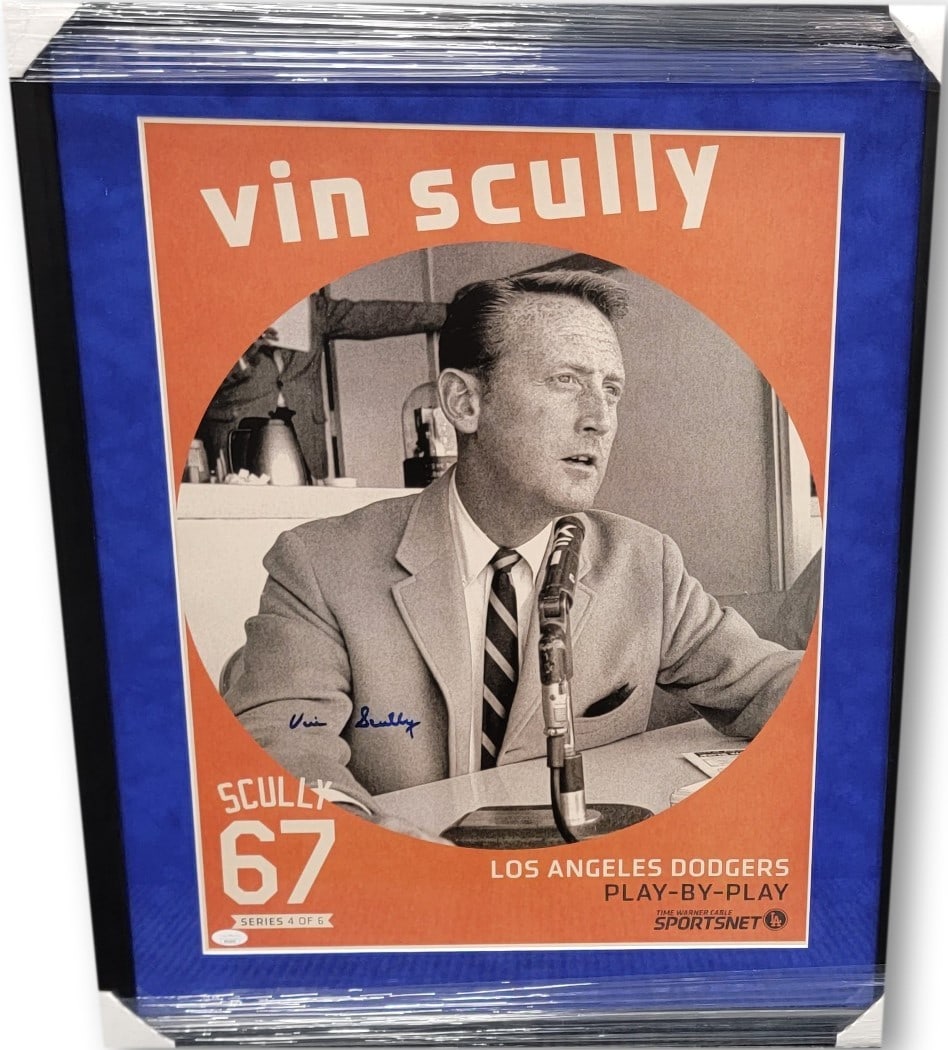 Vin Scully Autographed 18x24 Dodgers Print Framed JSA Certified: Vin Scully Autographed 18x24 Dodgers Print Framed JSA Certified This stunning 18x24 color print of Vin Scully, the legendary broadcaster for the Los Angeles Dodgers, is framed and ready for display. T