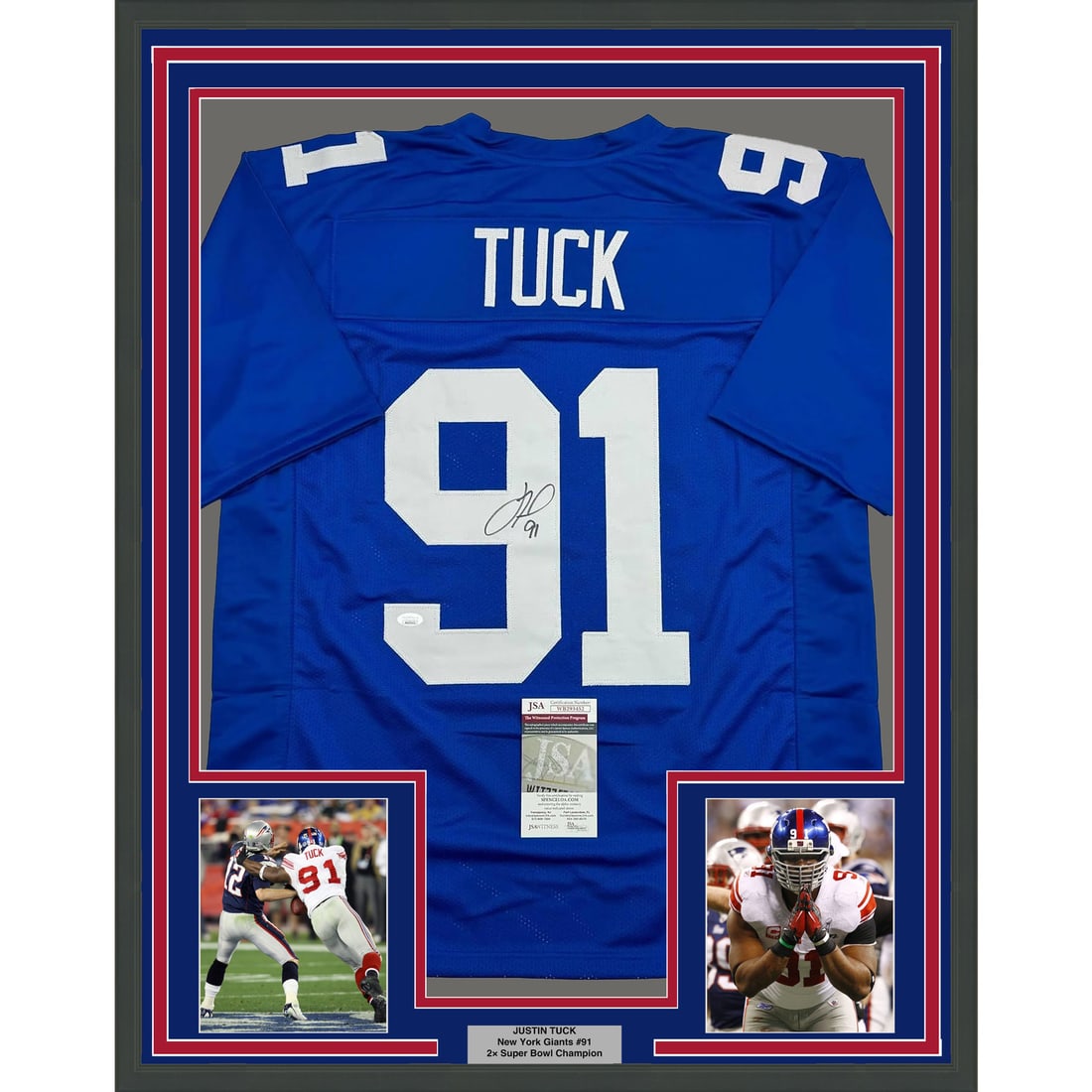 Framed Signed Justin Tuck Jersey 35x39 New York Giants JSA COA: Framed Signed Justin Tuck Jersey 35x39 New York Giants JSA COA Celebrate your passion for the NFL with this professionally framed and matted autographed Justin Tuck New York Giants jersey. This origin
