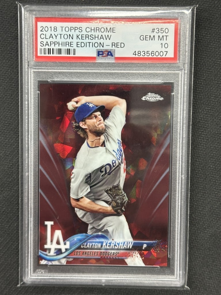 Clayton Kershaw 2018 Topps Chrome Red Sapphire PSA 10 Dodgers Card #350: Clayton Kershaw 2018 Topps Chrome Red Sapphire PSA 10 Dodgers Card #350 This is a highly sought-after 2018 Topps Chrome Red Sapphire baseball card featuring Clayton Kershaw, a standout player for the 