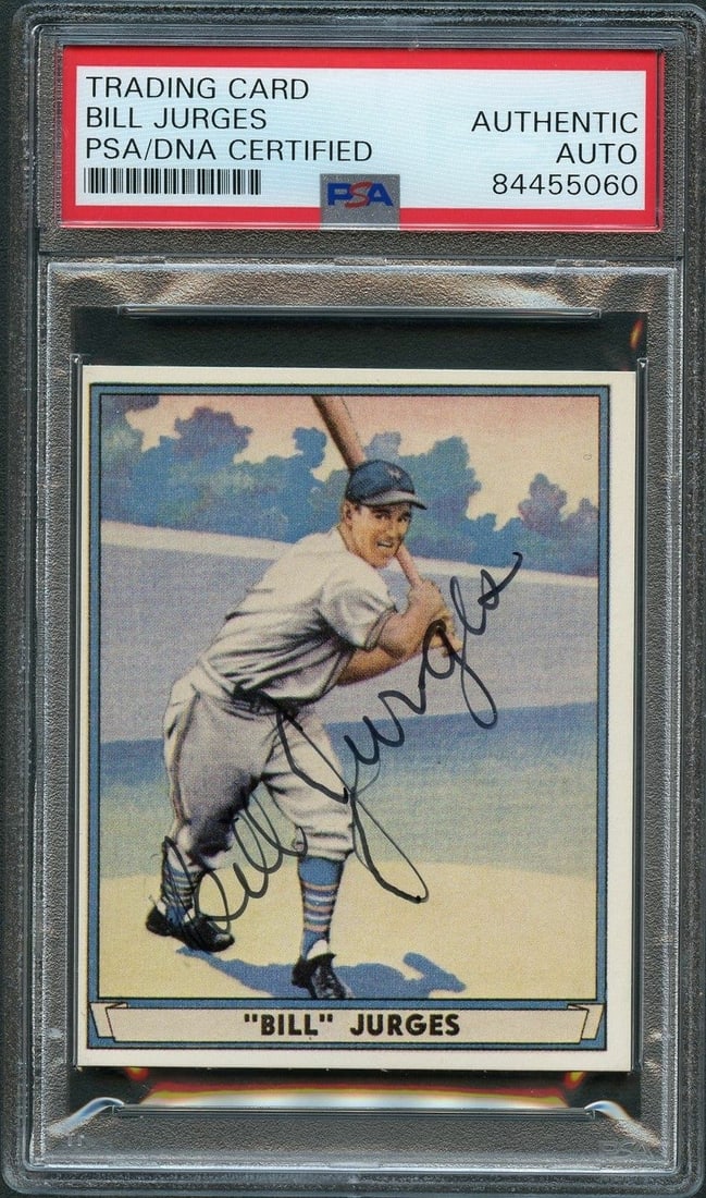 1941 Play Ball #59 Bill Jurges Autographed PSA Slabbed Card Giants Licensed Reprint: 1941 Play Ball #59 Bill Jurges Autographed PSA Slabbed Card Giants Licensed Reprint This is a signed 1941 Play Ball #59 sports trading card featuring Bill Jurges, who played for the New York Giants. T