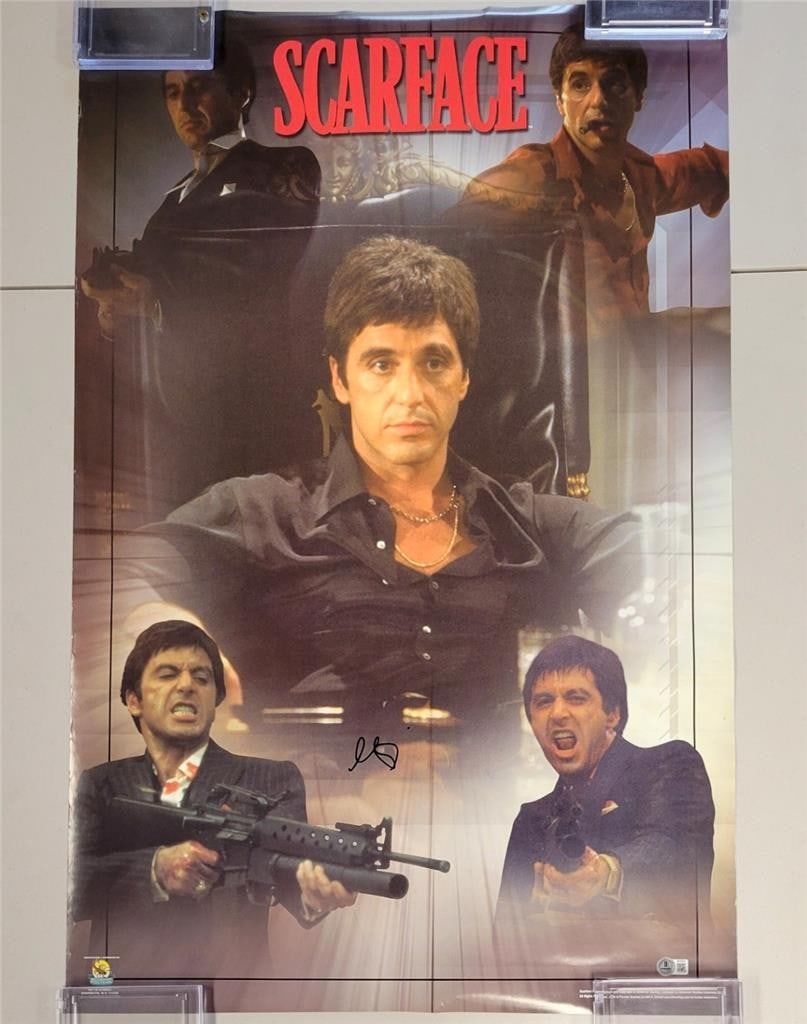 Scarface movie poster autographed by Al Pacino Beckett authenticated: Scarface movie poster autographed by Al Pacino Beckett authenticated This is an original Scarface movie poster, measuring approximately 22.5x34.5 inches, signed by Al Pacino. The autograph has been au