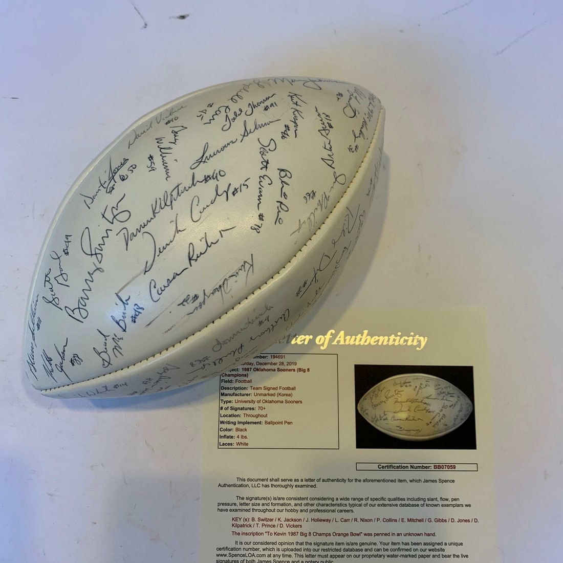 1987 Oklahoma Sooners Team Signed Football 71 Signatures JSA COA: 1987 Oklahoma Sooners Team Signed Football 71 Signatures JSA COA Celebrate the 1987 Big 8 Champion Oklahoma Sooners with this authentic team-signed football featuring 71 signatures from the roster tha