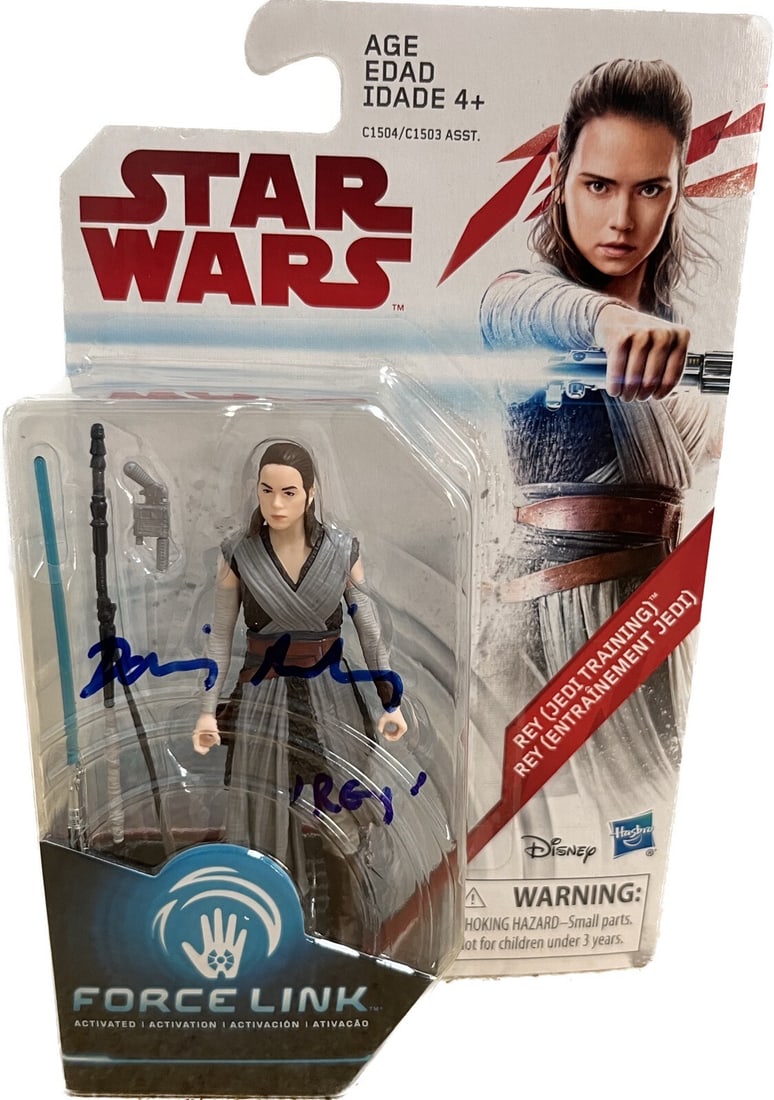 Rey Action Figure Signed by Daisy Ridley Beckett Authenticated Star Wars Last Jedi: Rey Action Figure Signed by Daisy Ridley Beckett Authenticated Star Wars Last Jedi This is a 3.75-inch Rey (Jedi Training) action figure from Star Wars: The Last Jedi, produced by Hasbro in 2017. The 