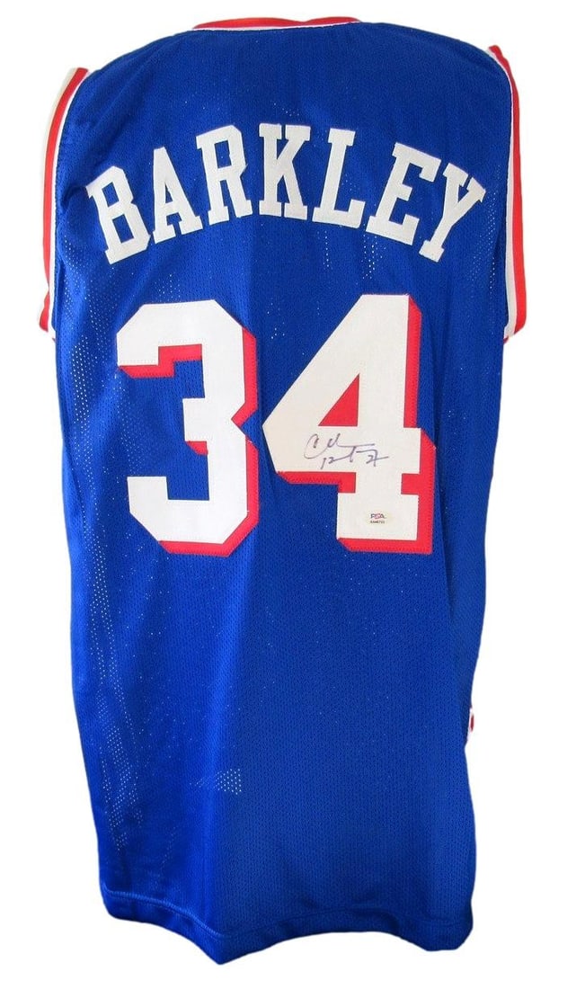 Charles Barkley autographed Philadelphia 76ers custom jersey PSA DNA: Charles Barkley autographed Philadelphia 76ers custom jersey PSA DNA This is a pre-owned Philadelphia 76ers blue custom basketball jersey, size XL, signed by Hall of Famer Charles Barkley. The autogra