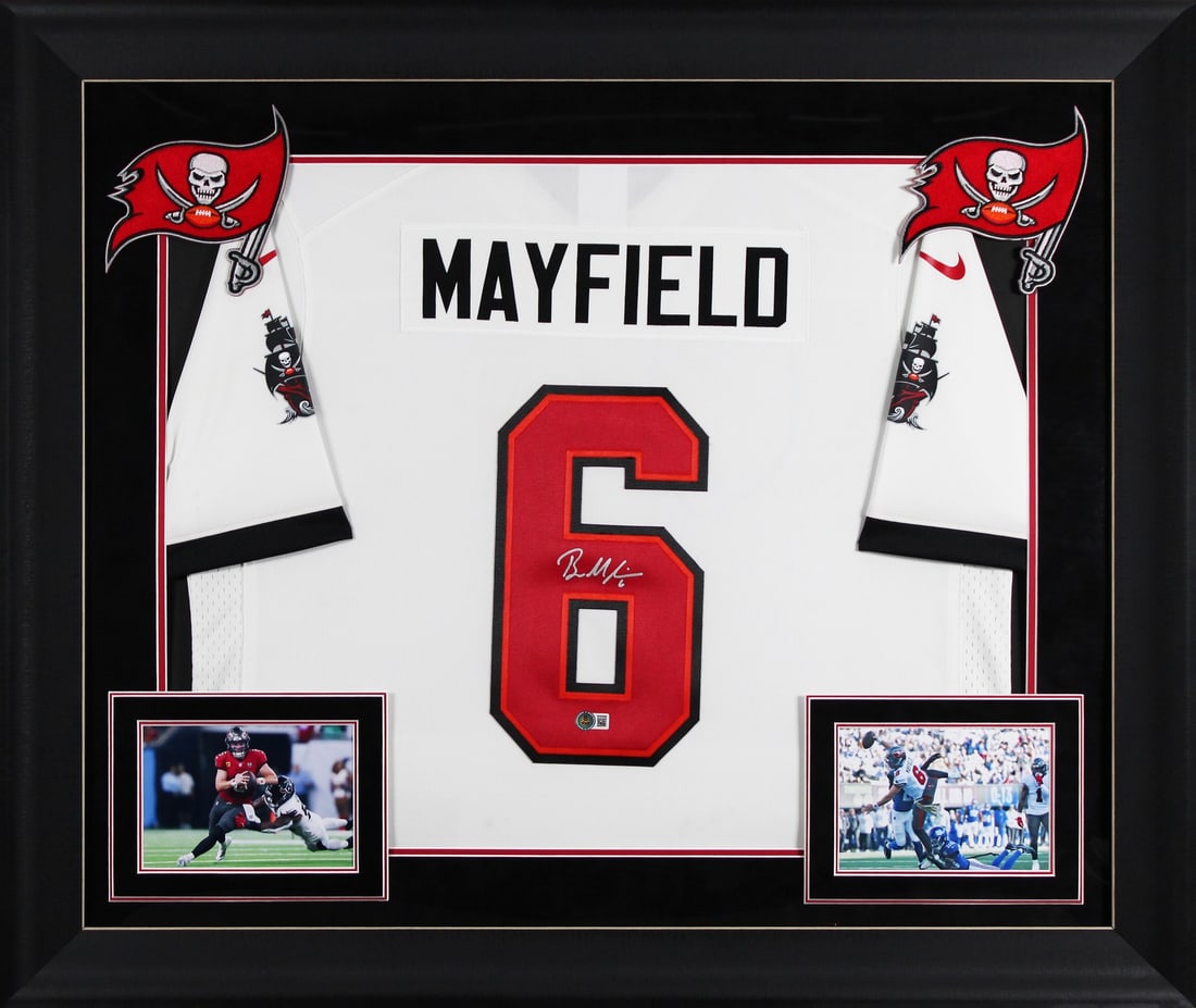 Baker Mayfield Signed Tampa Bay Buccaneers Limited Framed Jersey BAS Witness: Baker Mayfield Signed Tampa Bay Buccaneers Limited Framed Jersey BAS Witness This autographed white Nike limited jersey features the signature of Baker Mayfield, quarterback for the Tampa Bay Buccanee