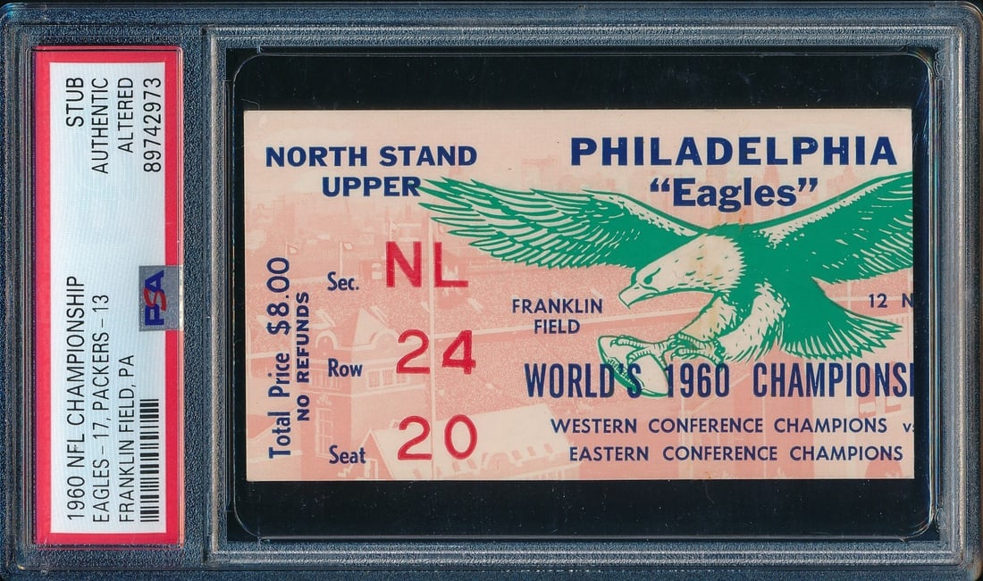 PSA DNA 1960 NFL Championship Ticket Stub Eagles Packers: PSA DNA 1960 NFL Championship Ticket Stub Eagles Packers This is an original ticket stub from the 1960 NFL Championship Game between the Philadelphia Eagles and the Green Bay Packers, held at Franklin