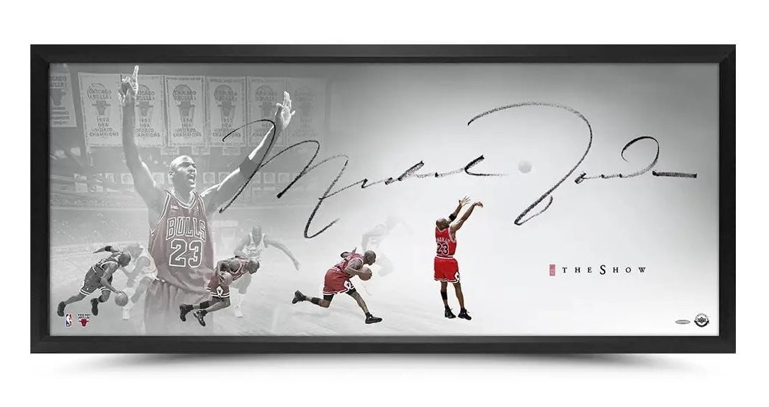 Michael Jordan Autographed Framed Photo The Show 46x20 Upper Deck Chicago Bulls: Michael Jordan Autographed Framed Photo The Show 46x20 Upper Deck Chicago Bulls This stunning framed photo captures one of basketball's most legendary moments: Michael Jordan's game-winning shot in Ga