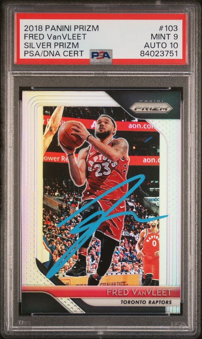 2018-19 Panini Silver Prizm #103 Fred VanVleet Signed Card PSA 9 AUTO 10: 2018-19 Panini Silver Prizm #103 Fred VanVleet Signed Card PSA 9 AUTO 10 This is a 2018-19 Panini Prizm #103 sports trading card featuring the signature of Fred VanVleet, a prominent player for the To