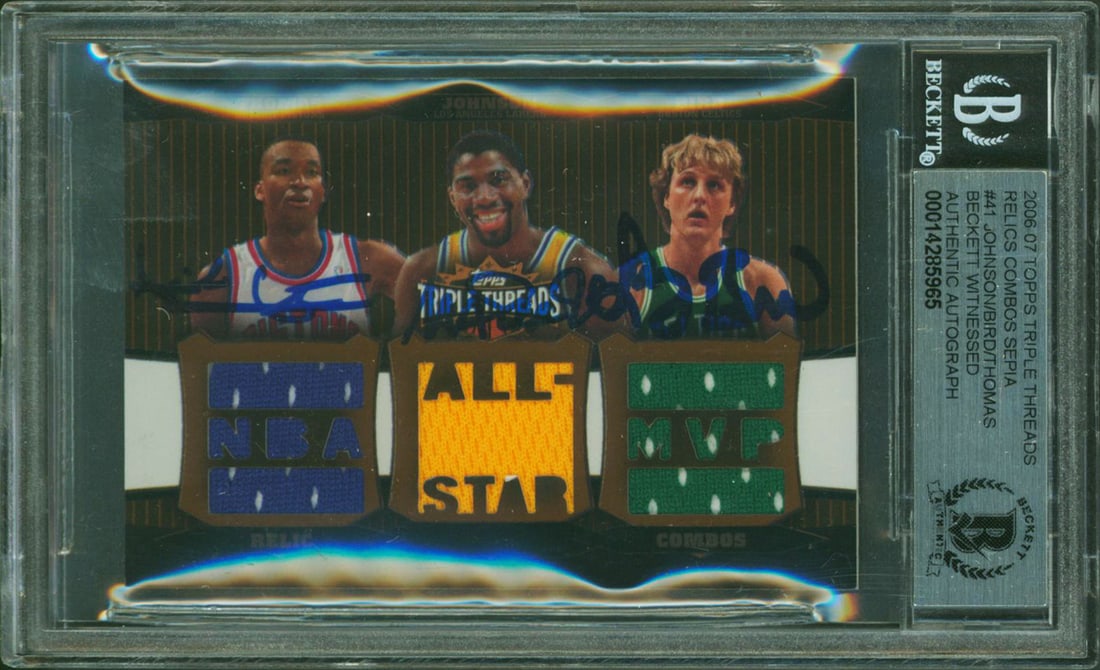 Magic Johnson Larry Bird Isiah Thomas Signed 2006 Topps Triple Threads Card Gem Mint 10: Magic Johnson Larry Bird Isiah Thomas Signed 2006 Topps Triple Threads Card Gem Mint 10 This 2006 Topps Triple Threads Relics Combos Sepia #41 basketball card features the iconic signatures of three N