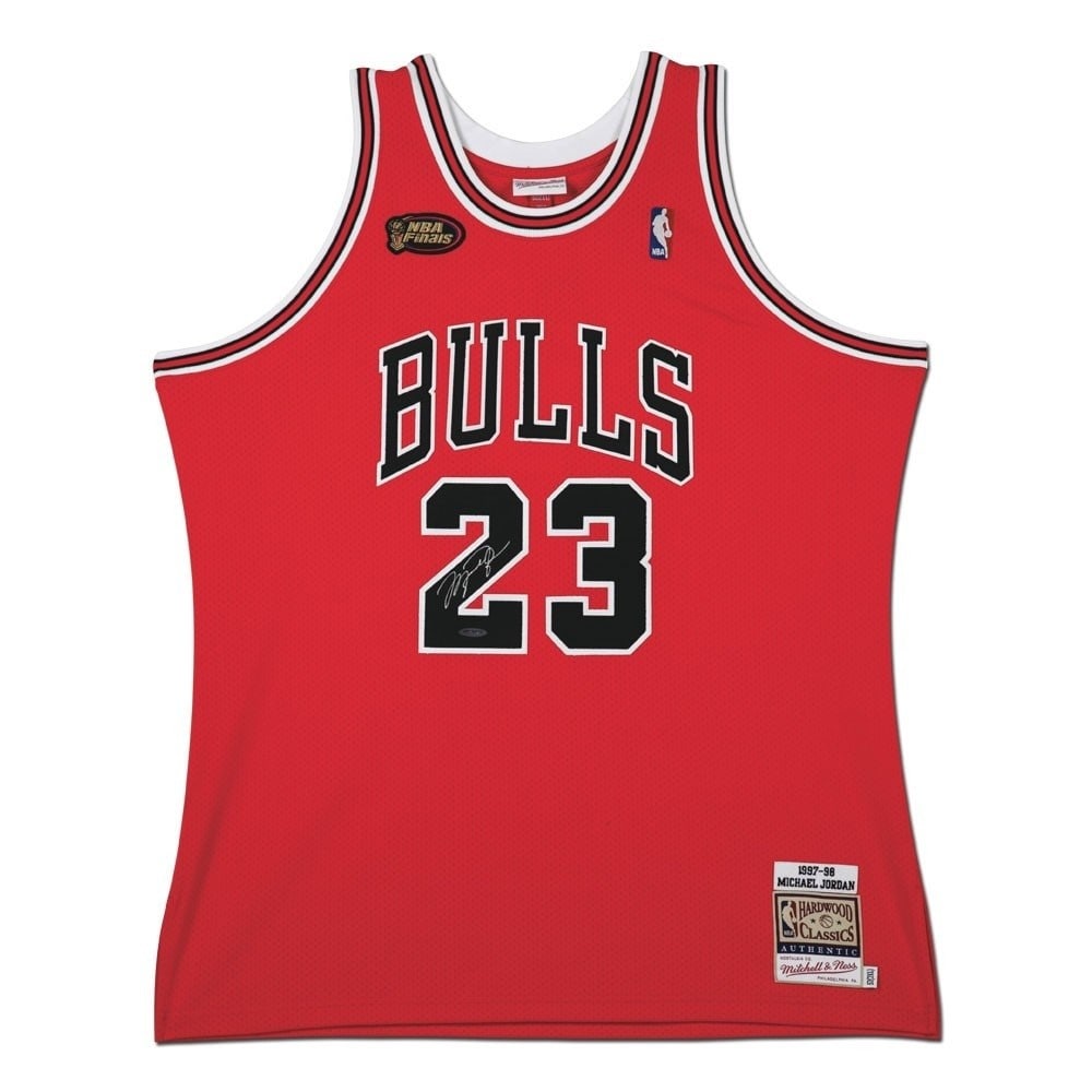 Michael Jordan Autographed 1997-98 Bulls Red Jersey Upper Deck Authenticated: Michael Jordan Autographed 1997-98 Bulls Red Jersey Upper Deck Authenticated This is an original Michael Jordan signed 1997-98 Mitchell & Ness Chicago Bulls red jersey. The jersey features the iconic 