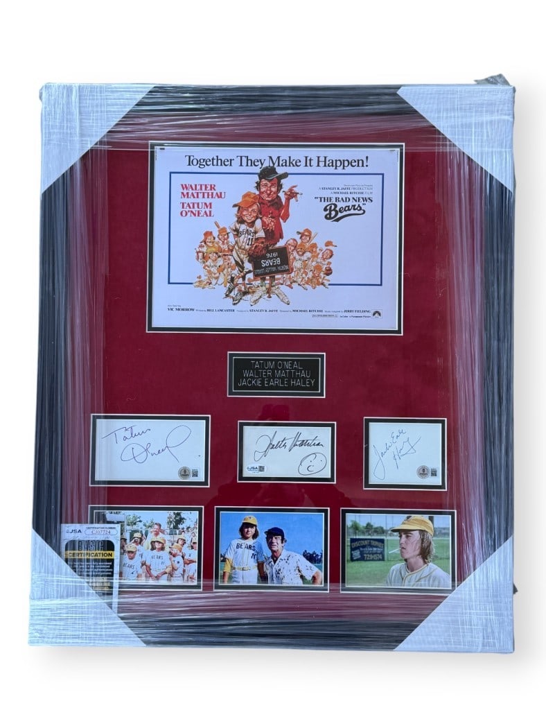 Framed Cast Cuts Signed by Bad News Bears Stars O'Neal Matthau Haley Beckett Authenticated: Framed Cast Cuts Signed by Bad News Bears Stars O'Neal Matthau Haley Beckett Authenticated This framed display features authentic autographs from Tatum O'Neal, Walter Matthau, and Jackie Earle Haley, 