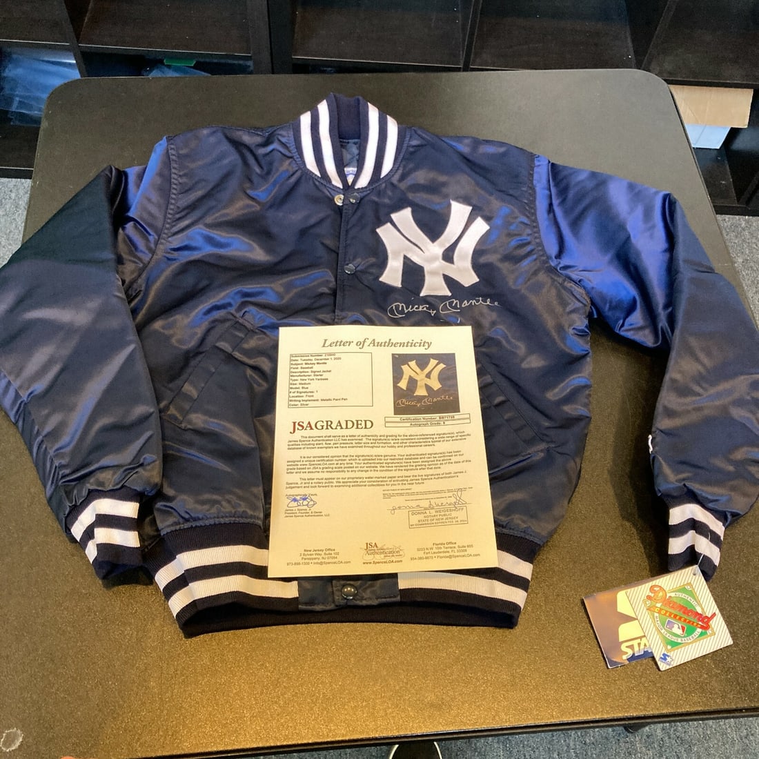 Mickey Mantle Signed 1980s Yankees Game Jacket JSA MINT 9: Mickey Mantle Signed 1980s Yankees Game Jacket JSA MINT 9 This authentic 1980's Starter New York Yankees game jacket is beautifully signed by baseball legend Mickey Mantle. It features a James Spence 