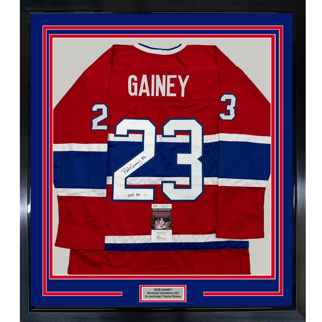 Framed Signed Bob Gainey Montreal Canadiens Jersey JSA COA 35x39: Framed Signed Bob Gainey Montreal Canadiens Jersey JSA COA 35x39 Celebrate the legacy of Bob Gainey with this stunning framed and autographed Montreal Canadiens jersey. This original piece commemorate