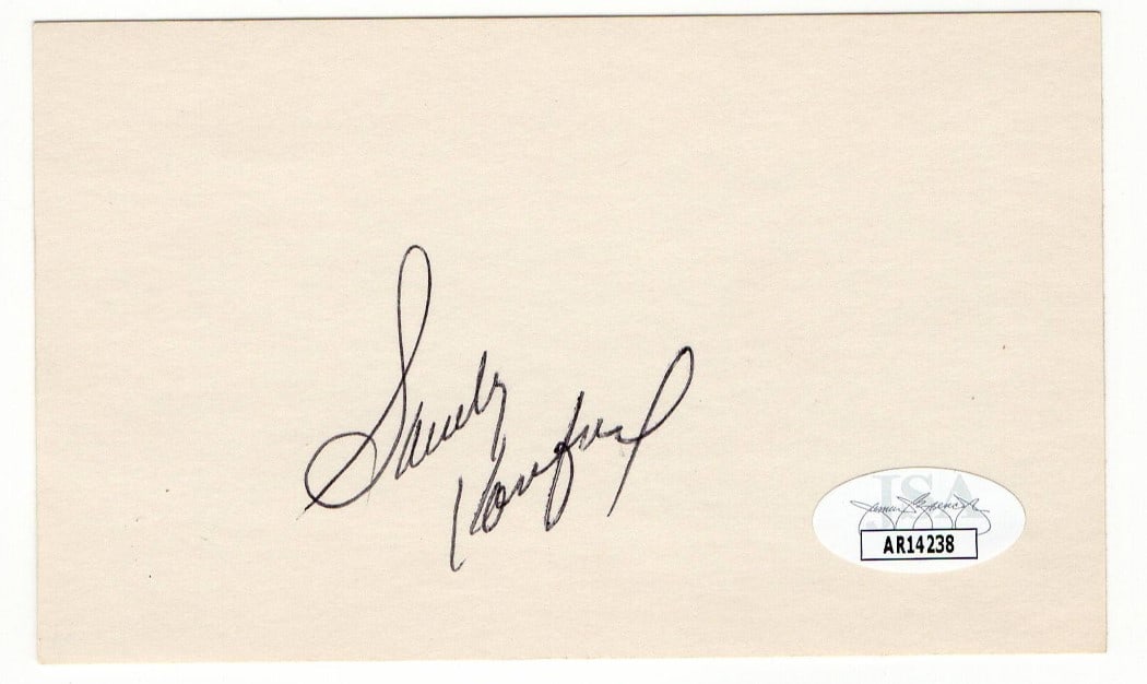 Sandy Koufax Autographed 3x5 Index Card Dodgers JSA Certified: Sandy Koufax Autographed 3x5 Index Card Dodgers JSA Certified Own a piece of baseball history with this Sandy Koufax signed autographed index card. This original 3 x 5 index card features the legendar