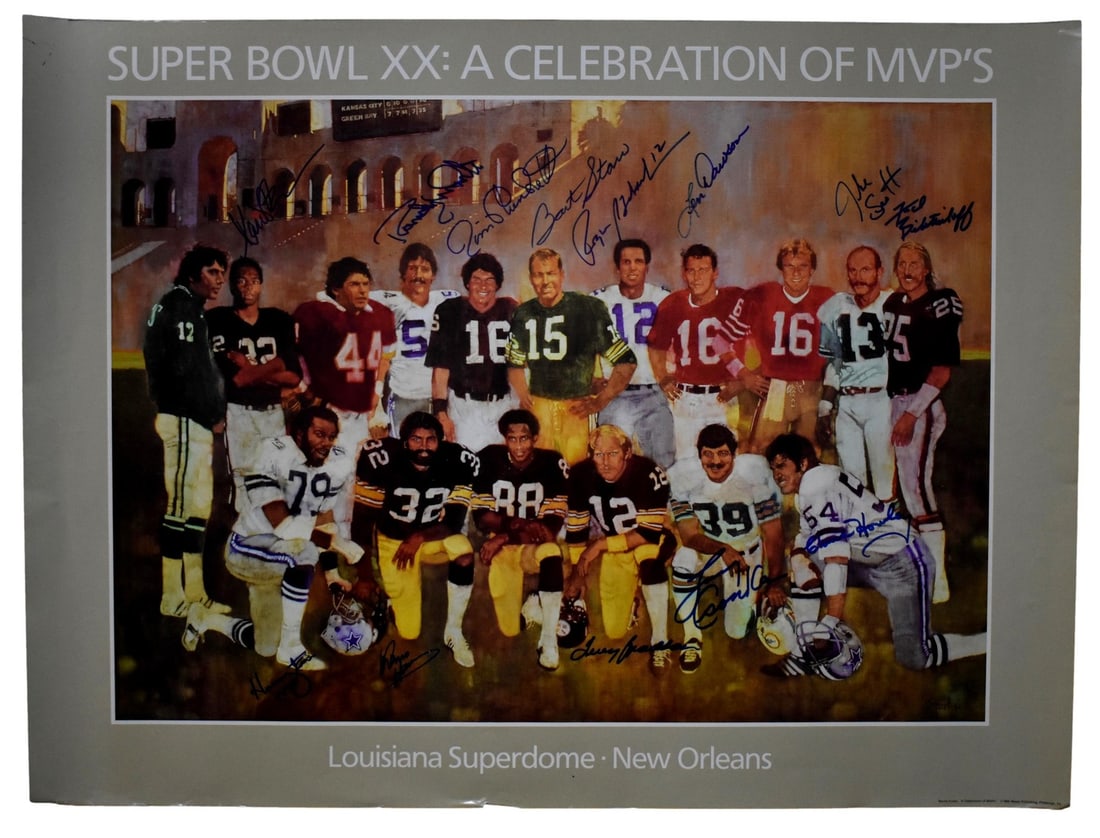 Super Bowl MVPs 13 Signature Poster With PSA DNA LOA by Bernie Fuchs: Super Bowl MVPs 13 Signature Poster With PSA DNA LOA by Bernie Fuchs This is an original lithograph poster titled "Super Bowl XX: A Celebration of MVP's" by sports artist Bernie Fuchs, issued in 1986 