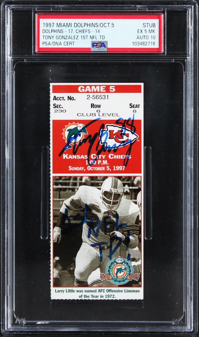 Tony Gonzalez Signed Ticket Stub 1st NFL TD PSA Authenticated: Tony Gonzalez Signed Ticket Stub 1st NFL TD PSA Authenticated Own a piece of NFL history with this original ticket stub from Tony Gonzalez's first NFL touchdown game, played on October 5, 1997, betwee