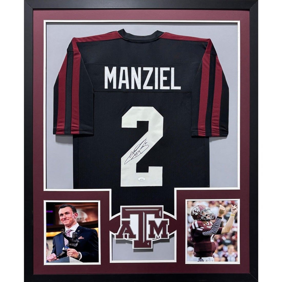 Johnny Manziel Signed Framed Jersey Texas A&M JSA Authenticated 42x34: Johnny Manziel Signed Framed Jersey Texas A&M JSA Authenticated 42x34 Celebrate the legacy of Johnny Manziel with this autographed framed jersey from his time at Texas A&M. The jersey features meticul