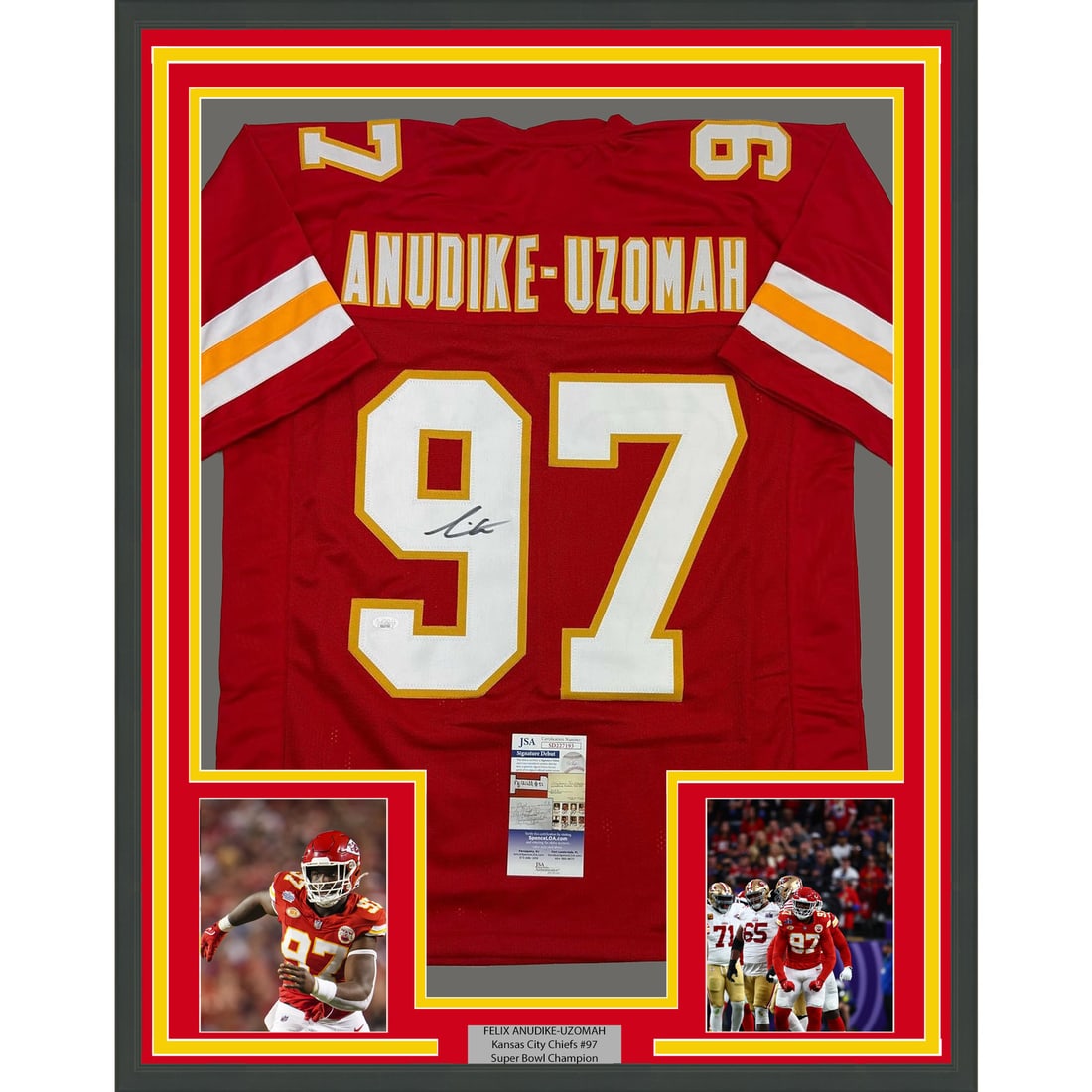 Framed Signed Felix Anudike-Uzomah Jersey 35x39 Kansas City JSA COA: Framed Signed Felix Anudike-Uzomah Jersey 35x39 Kansas City JSA COA This professionally framed and matted autographed jersey features Felix Anudike-Uzomah, a player for the Kansas City Chiefs. Measuri