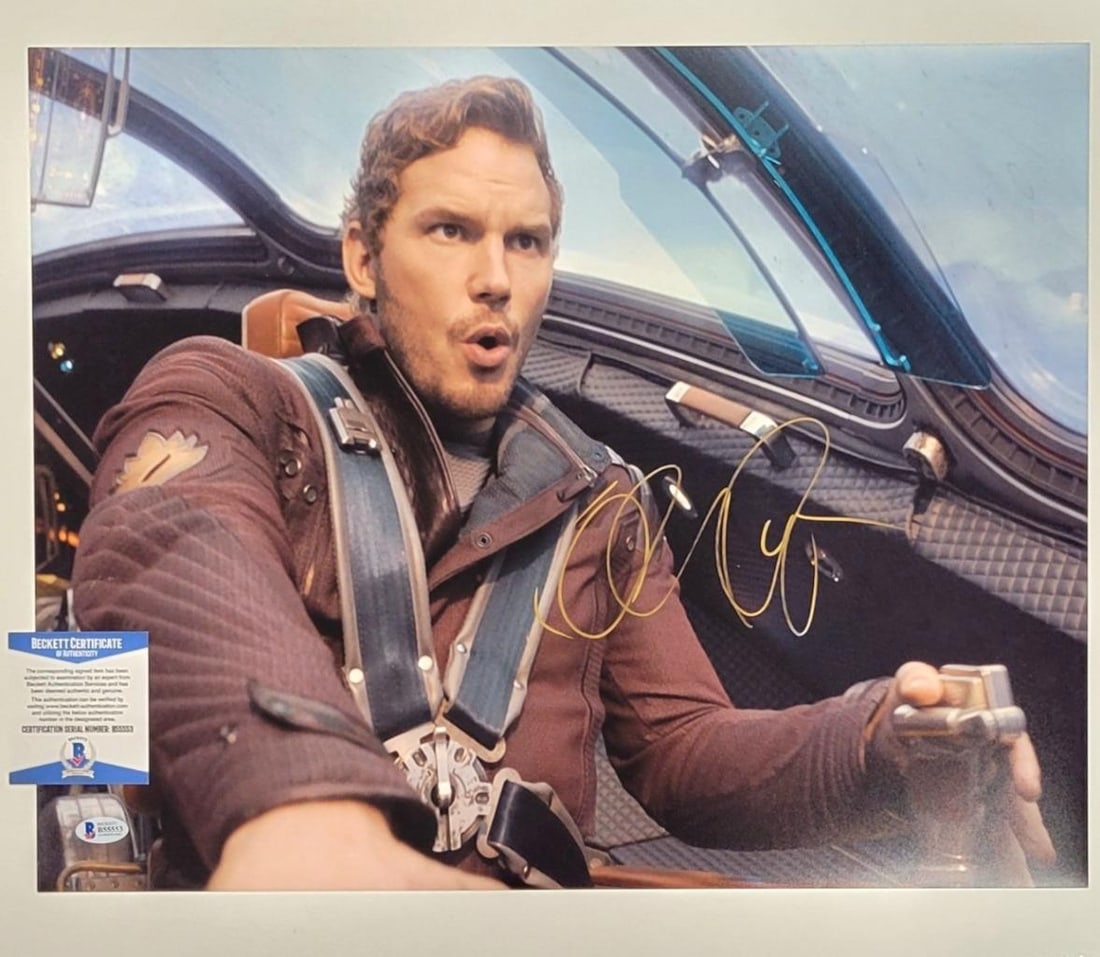 Chris Pratt Autographed 16x20 Guardians of the Galaxy Photo Beckett Authenticated: Chris Pratt Autographed 16x20 Guardians of the Galaxy Photo Beckett Authenticated This stunning 16x20 photograph features Chris Pratt, signed and authenticated by Beckett. As an original piece from th