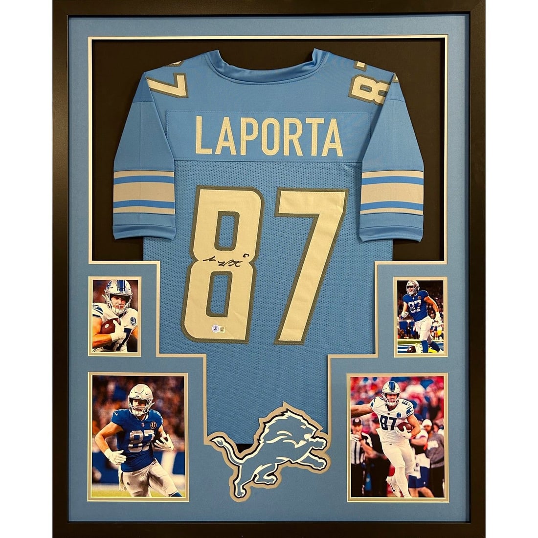 Sam LaPorta Autographed Framed Jersey Detroit Lions Beckett Certified: Sam LaPorta Autographed Framed Jersey Detroit Lions Beckett Certified Celebrate your passion for football with this autographed Sam LaPorta framed blue jersey. Authenticated by Beckett, a leader in sp