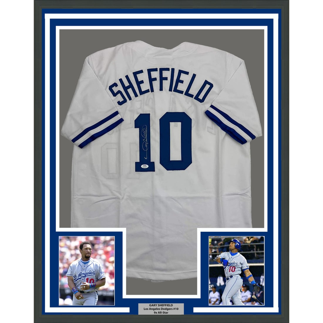 Gary Sheffield Signed Dodgers Jersey Display with PSA COA Framed 35x39: Gary Sheffield Signed Dodgers Jersey Display with PSA COA Framed 35x39 This is a professionally framed and matted Los Angeles Dodgers white jersey autographed by Gary Sheffield. The display includes t