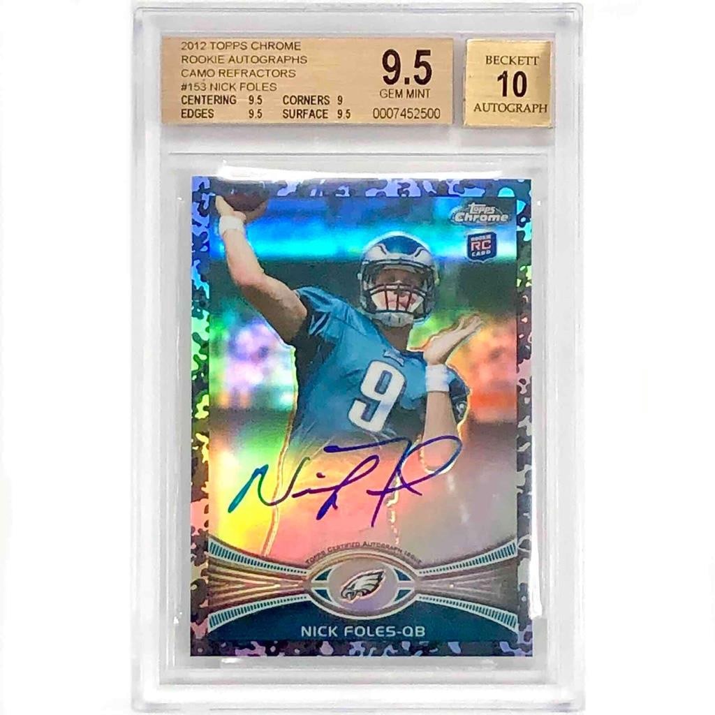 2012 Topps Chrome Nick Foles Rookie Camo Refractor #153 BGS 9.5 Auto 10: 2012 Topps Chrome Nick Foles Rookie Camo Refractor #153 BGS 9.5 Auto 10 This collectible sports trading card features Nick Foles, a standout quarterback for the Philadelphia Eagles. The 2012 Topps Chr