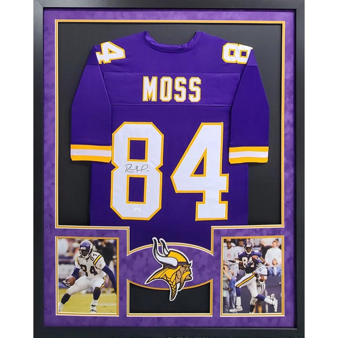 Framed Randy Moss Vikings jersey JSA certified 42x34: Framed Randy Moss Vikings jersey JSA certified 42x34 This framed Minnesota Vikings jersey features the autograph of Randy Moss. The jersey is authenticated by JSA and includes a JSA certification and 