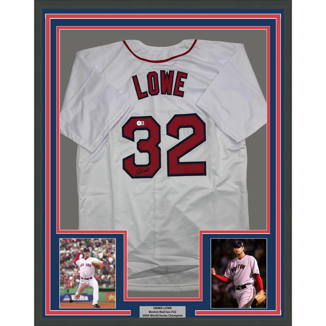 Derek Lowe Signed Boston Red Sox Jersey in 35x39 Frame With Beckett COA: Derek Lowe Signed Boston Red Sox Jersey in 35x39 Frame With Beckett COA This professionally framed and matted display features a Boston Red Sox white jersey autographed by Derek Lowe. The jersey is au