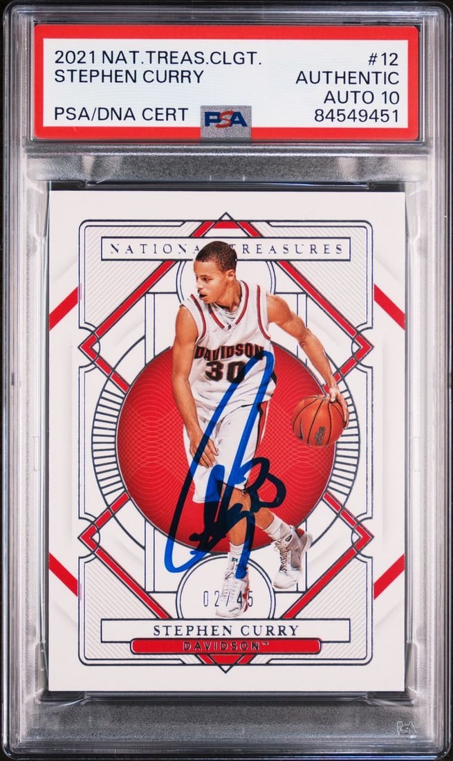 2021 Panini National Treasures Stephen Curry Signed Card AUTO 10 PSA: 2021 Panini National Treasures Stephen Curry Signed Card AUTO 10 PSA This is a 2021 National Treasure Collegiate #12 sports trading card featuring a signature from basketball star Stephen Curry. The c
