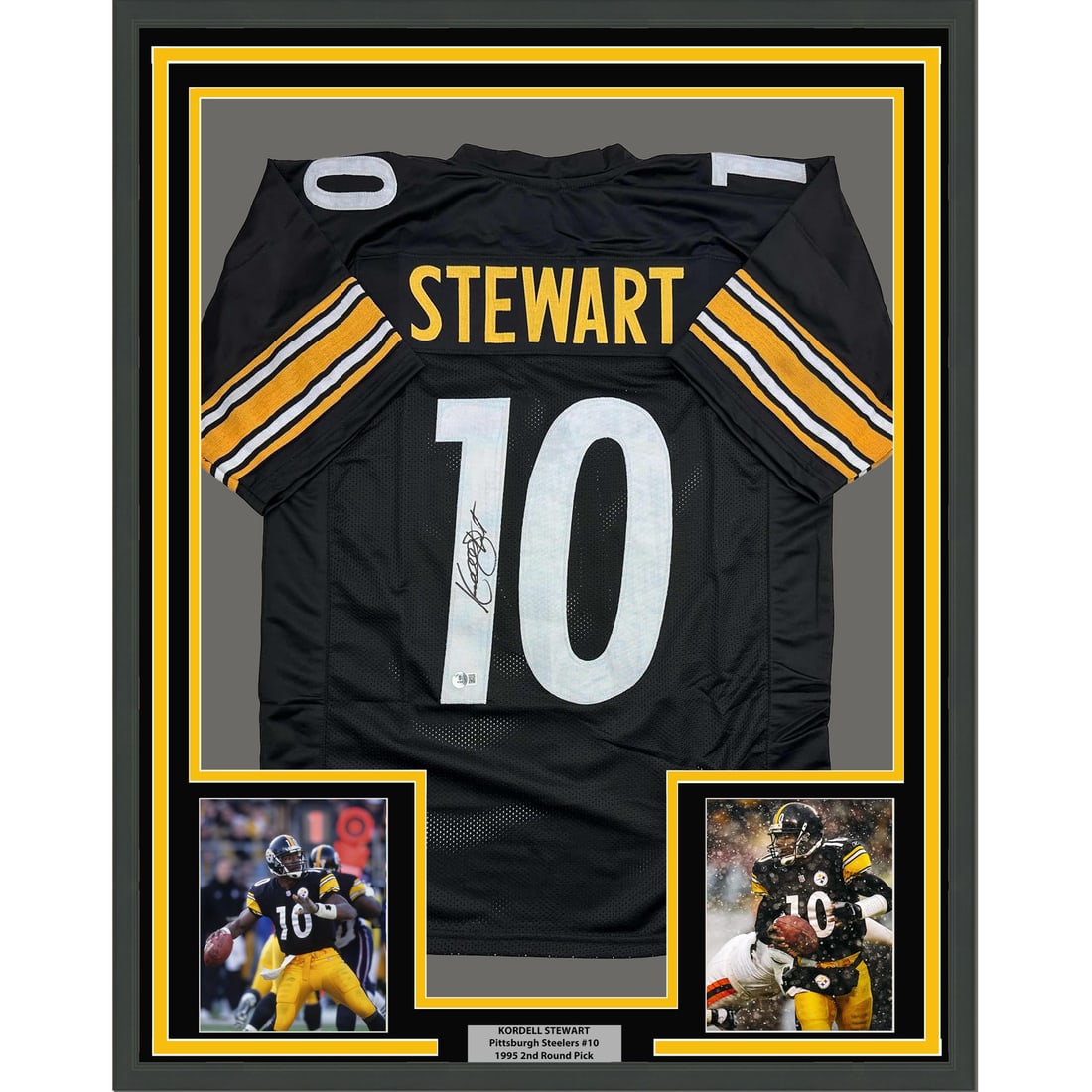 Kordell Stewart signed framed Pittsburgh Steelers black jersey BAS COA 35x39: Kordell Stewart signed framed Pittsburgh Steelers black jersey BAS COA 35x39 This framed Pittsburgh Steelers jersey is autographed by Kordell Stewart and features professional matting along with two 5