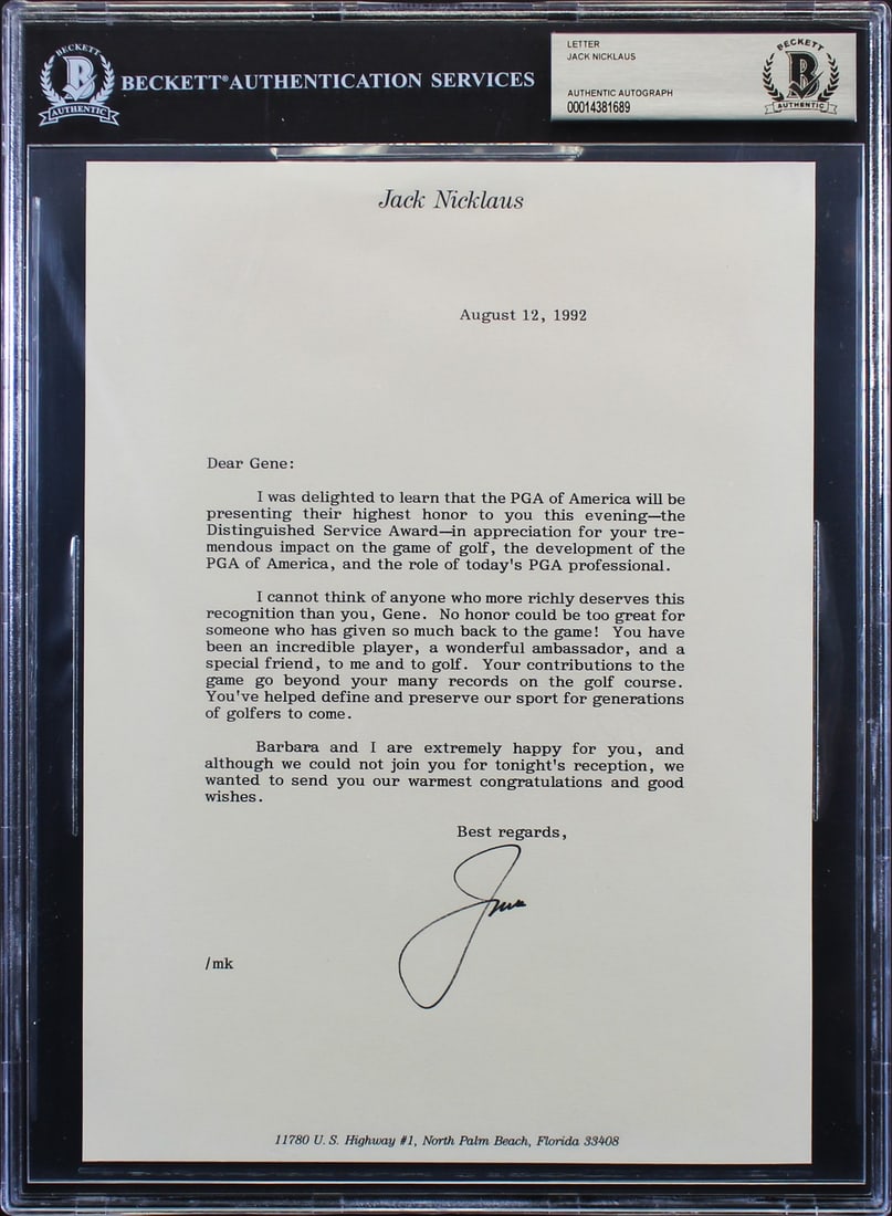 Jack Nicklaus signed 1992 7.25x10 letter to Gene Sarazen BAS slabbed: Jack Nicklaus signed 1992 7.25x10 letter to Gene Sarazen BAS slabbed This is an original 7.25 x 10 inch letter dated August 12, 1992, addressed to Gene Sarazen in recognition of receiving The Distingu
