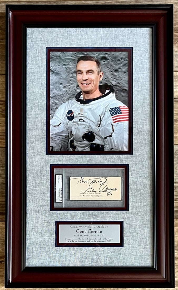 Gene Cernan Signed Custom Framed Display Apollo 17 PSA Authenticated: Gene Cernan Signed Custom Framed Display Apollo 17 PSA Authenticated This custom framed display showcases the signature of Gene Cernan, the last astronaut to walk on the moon during the Apollo 17 miss