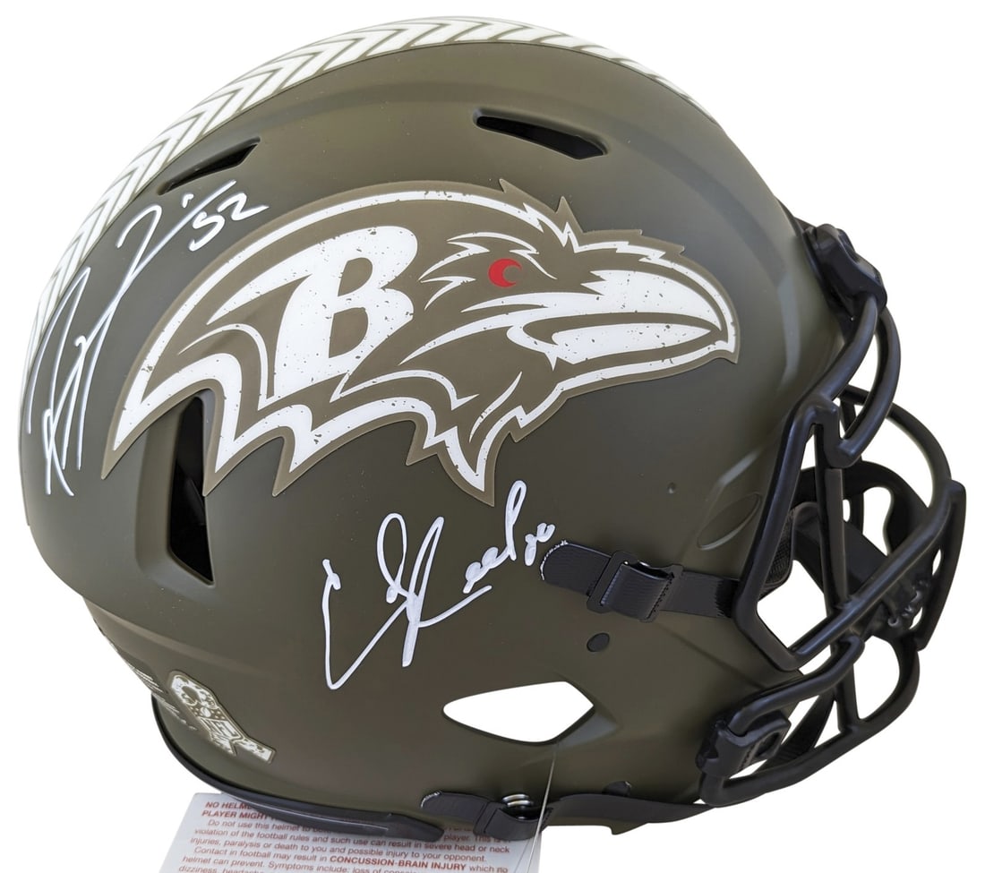 Ray Lewis Ed Reed Signed Ravens Salute to Service Helmet BAS Authenticated: Ray Lewis Ed Reed Signed Ravens Salute to Service Helmet BAS Authenticated This autographed full-size Speed Proline helmet features the signatures of NFL legends Ray Lewis and Ed Reed, both renowned p