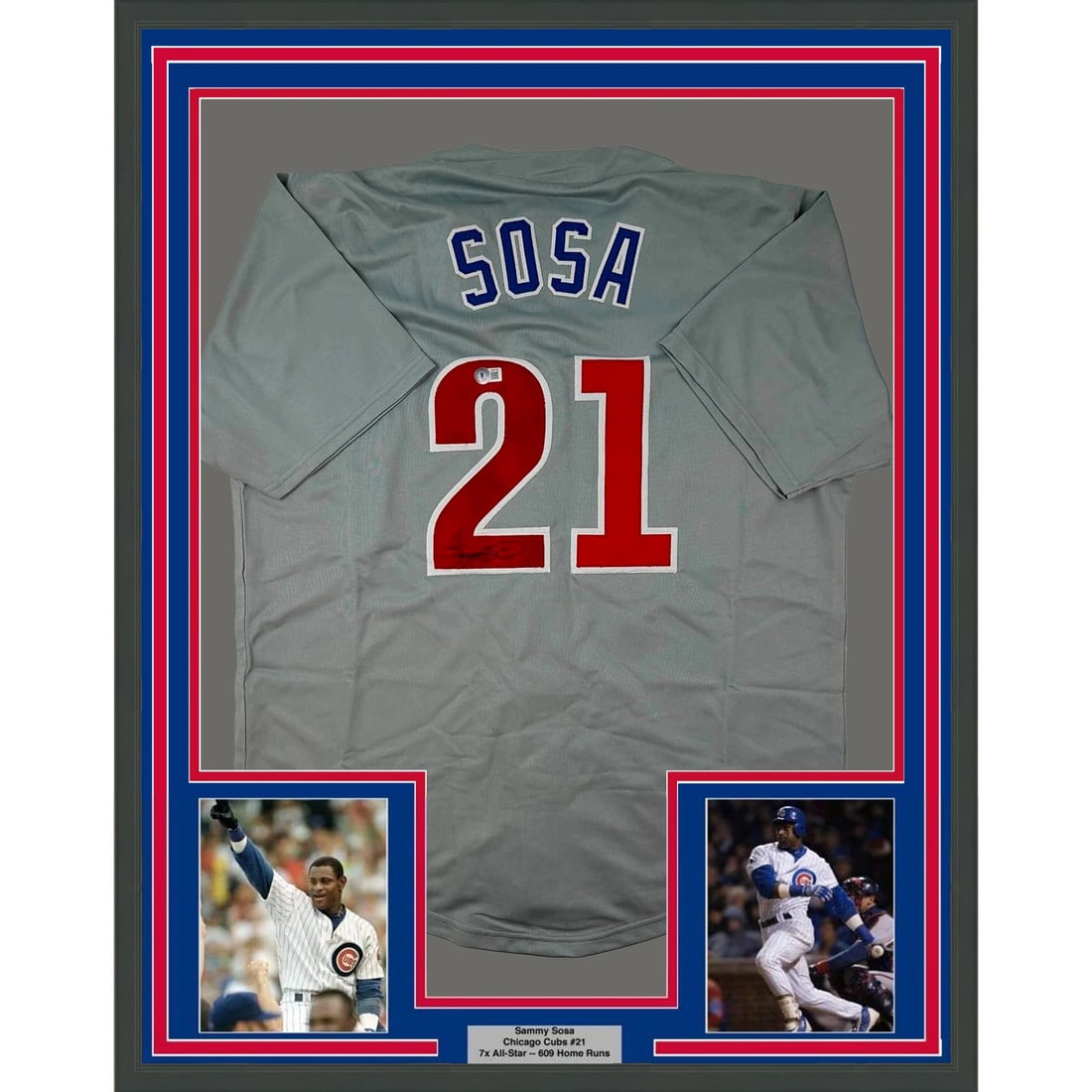 Framed Sammy Sosa Autographed Chicago Cubs Jersey with BAS COA: Framed Sammy Sosa Autographed Chicago Cubs Jersey with BAS COA Celebrate the legacy of Sammy Sosa with this professionally framed autographed Chicago Cubs grey baseball jersey. This unique piece featu