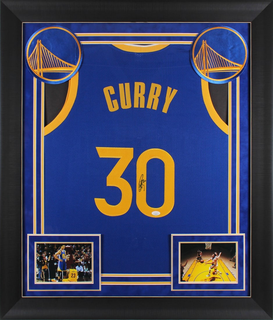 Stephen Curry Signed Blue Pro Style Framed Jersey JSA COA: Stephen Curry Signed Blue Pro Style Framed Jersey JSA COA Celebrate your love for basketball with this Authentic Stephen Curry Signed Blue Pro Style Framed Jersey. Personally signed by the Golden Stat
