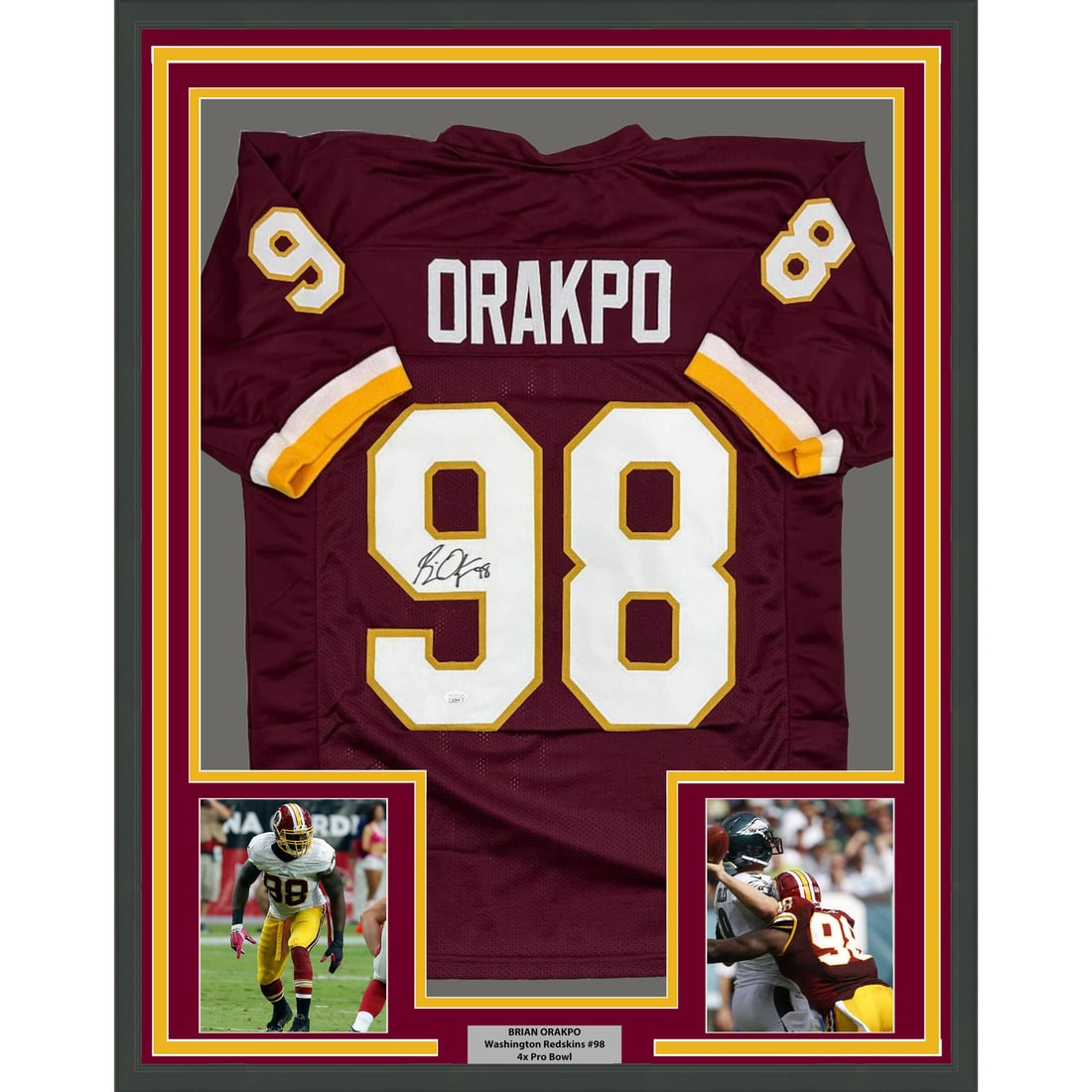 Brian Orakpo Signed Washington Jersey in 35x39 Frame JSA Authenticated: Brian Orakpo Signed Washington Jersey in 35x39 Frame JSA Authenticated This framed display features a Washington Commanders burgundy jersey autographed by Brian Orakpo. The jersey is authenticated by 