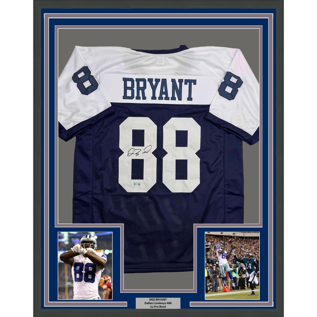 Dez Bryant Signed Dallas Cowboys Jersey 35x39 Framed with Beckett COA: Dez Bryant Signed Dallas Cowboys Jersey 35x39 Framed with Beckett COA This professionally framed and matted Dallas Cowboys jersey features the authentic autograph of Dez Bryant. The display includes t