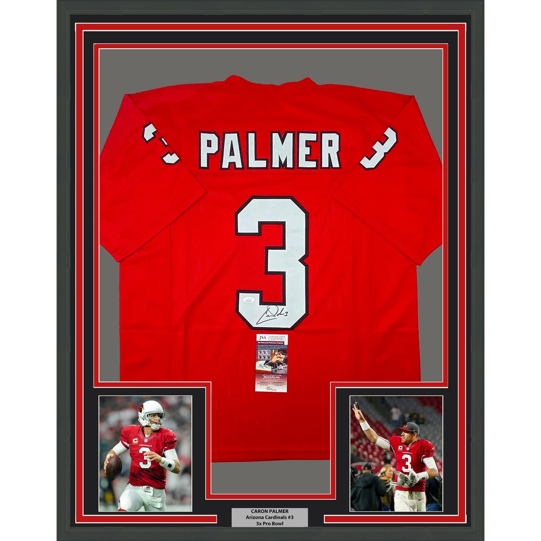 Carson Palmer signed Arizona Cardinals framed jersey 33x42 JSA COA: Carson Palmer signed Arizona Cardinals framed jersey 33x42 JSA COA This professionally framed and matted display features an autographed Arizona Cardinals red jersey signed by Carson Palmer. The jerse